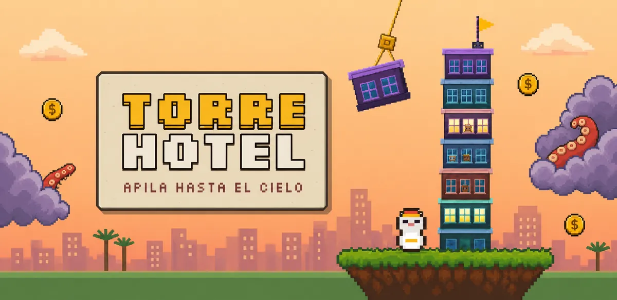 Arte principal de TORRE HOTEL: torre de habitaciones pixel art bajo un cielo naranja, con una grúa y tentáculos entre las nubes